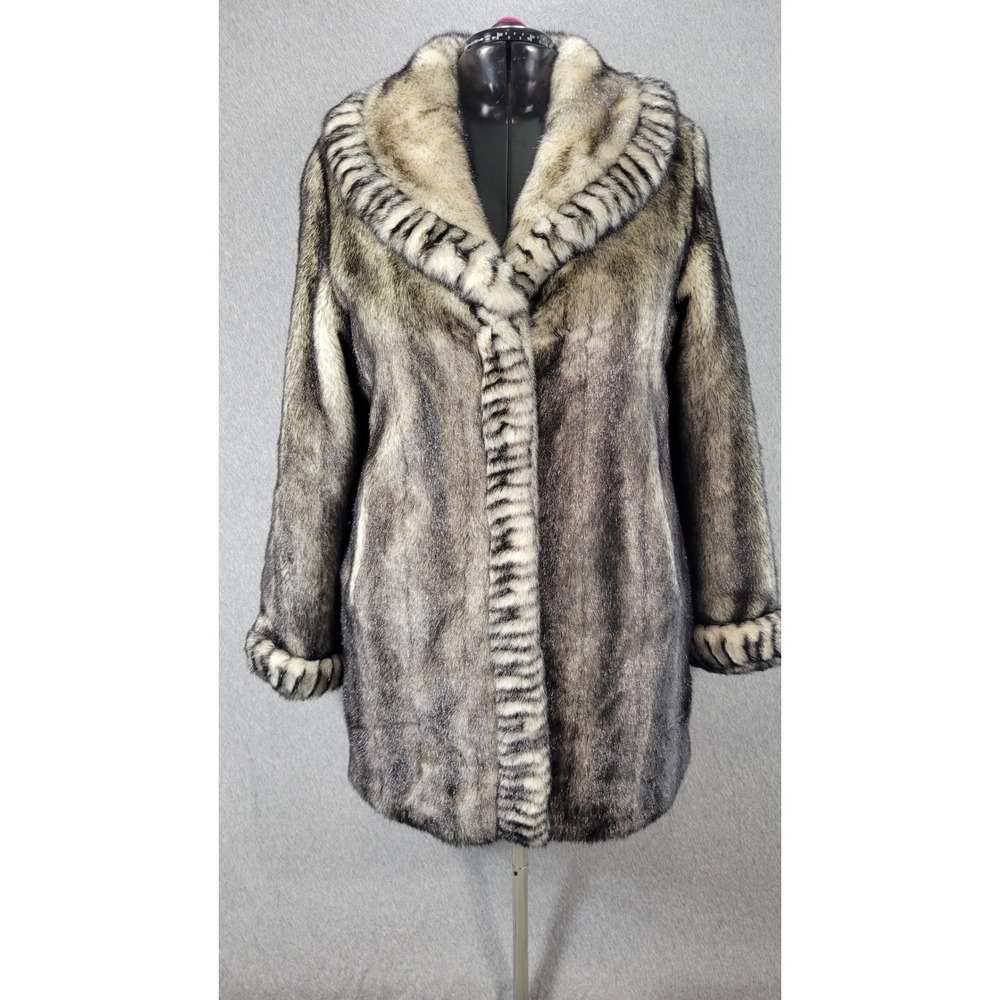 Dennis Dennis Basso Faux Fur Coat Women Medium Grey Striped Glam Old Hollywood